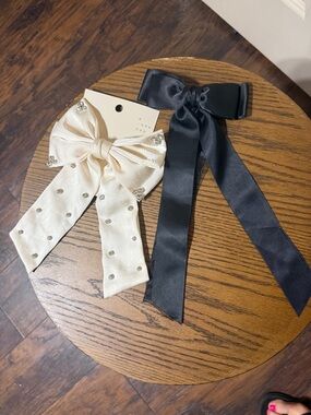 Elegant Black and cream Satin Bow Hair Clips